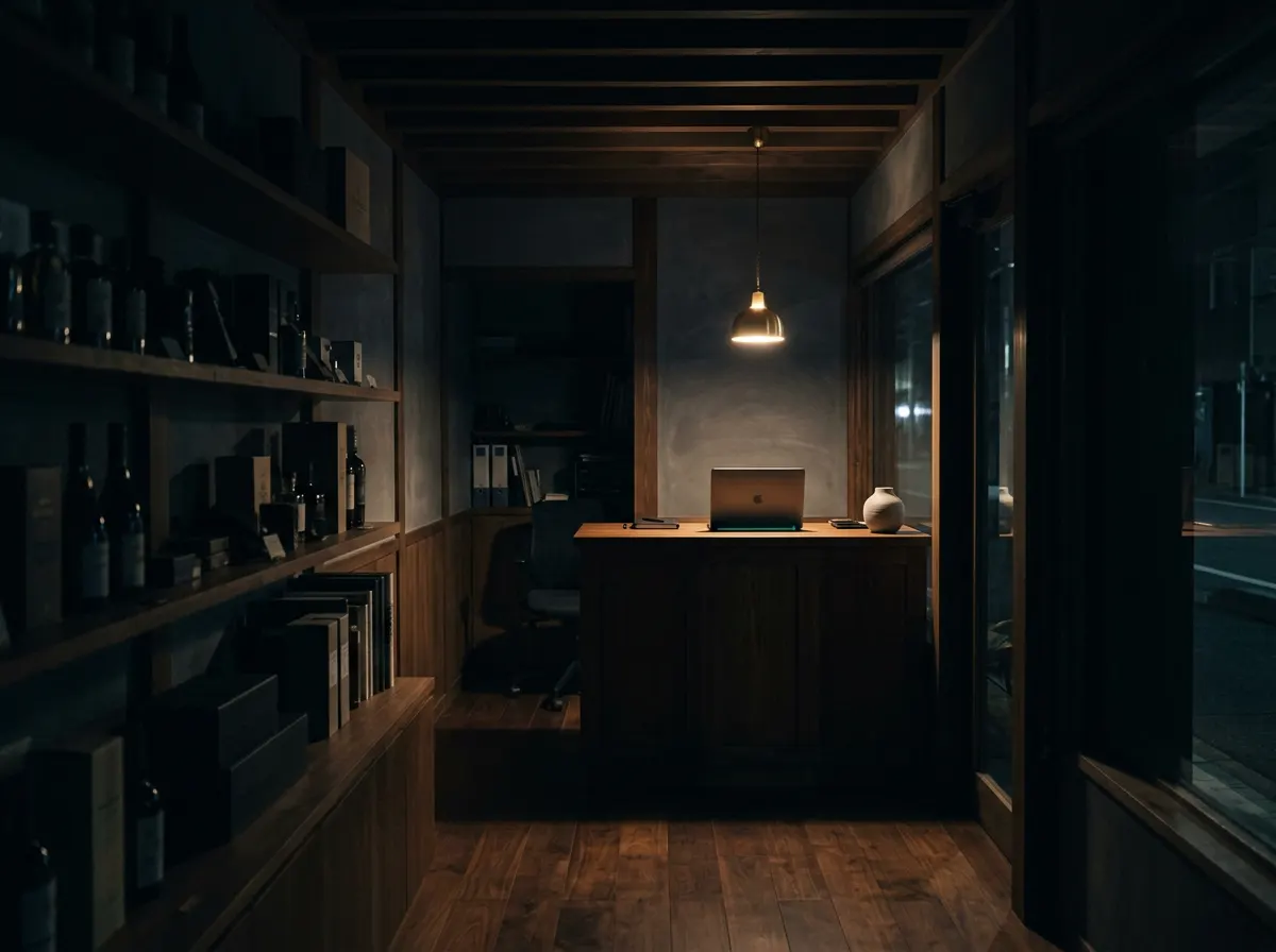 Loja fechada à noite, com uma luz acesa sobre o balcão